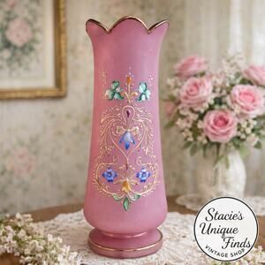 Antique Bristol Pink Satin Glass with Gold Rim & Hand Painted 13" Vase Read